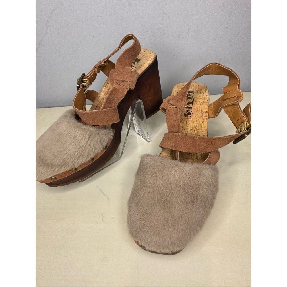 KORKS Women's Wendy Faux Fur Studded Clog Wooden Heels Taupe Rust Brown Sz 7M - Picture 2 of 7